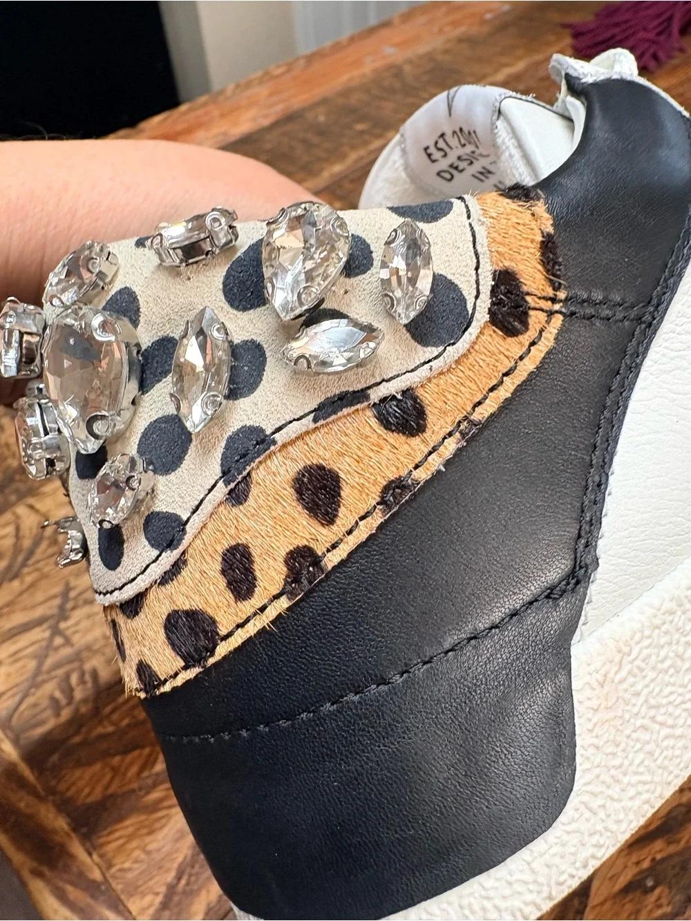 Gianni Bini White Black Leopard Crystal Heel Low Top Leather Sneakers Size 9